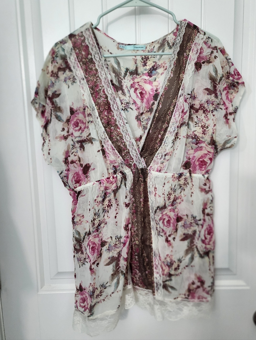 Maurices Floral Lace-Trim Tunic in Pink & Brown, Size XL